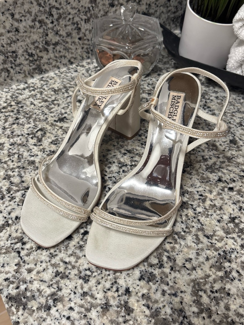 Badgley Mischka Ivory Satin Strappy Block Heel Sandals